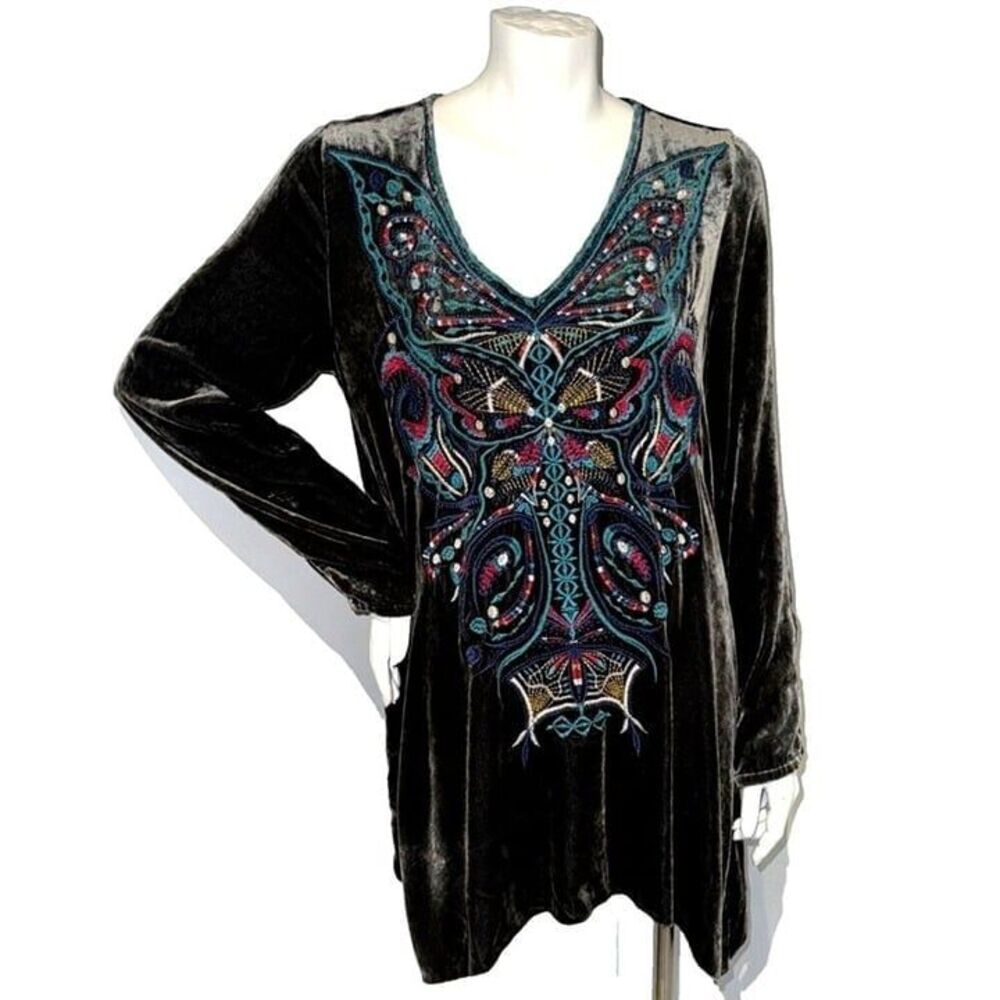 JOHNNY WAS Butterfly Fairy Fantasy Embroidered SMALL Velvet SILK Top Blouse